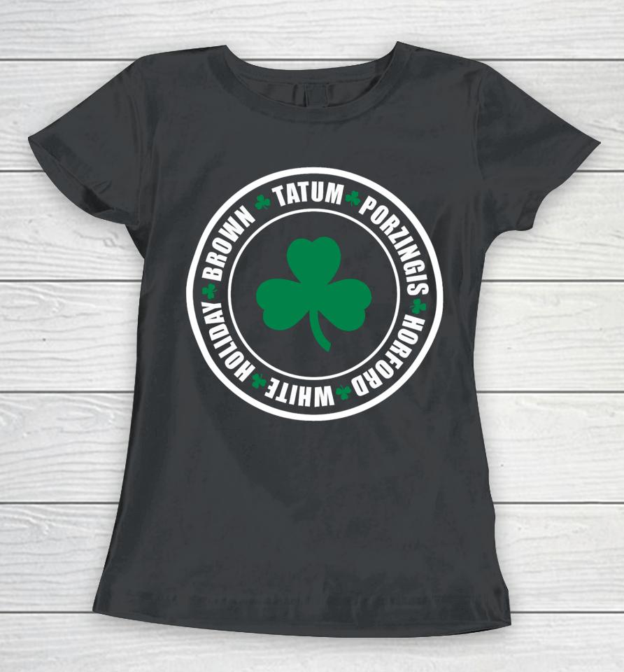 Boston Celtics Tatum Porzingis Horford White Holiday Brown Women T-Shirt