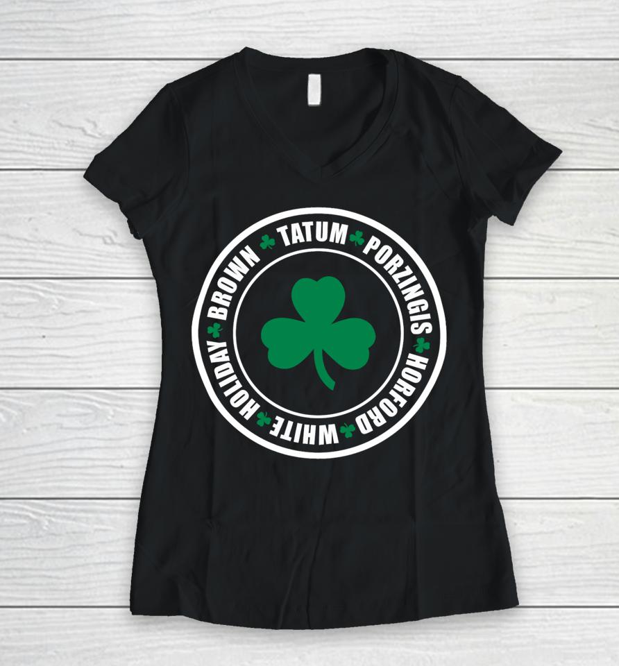 Boston Celtics Tatum Porzingis Horford White Holiday Brown Women V-Neck T-Shirt