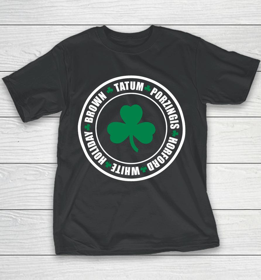Boston Celtics Tatum Porzingis Horford White Holiday Brown Youth T-Shirt