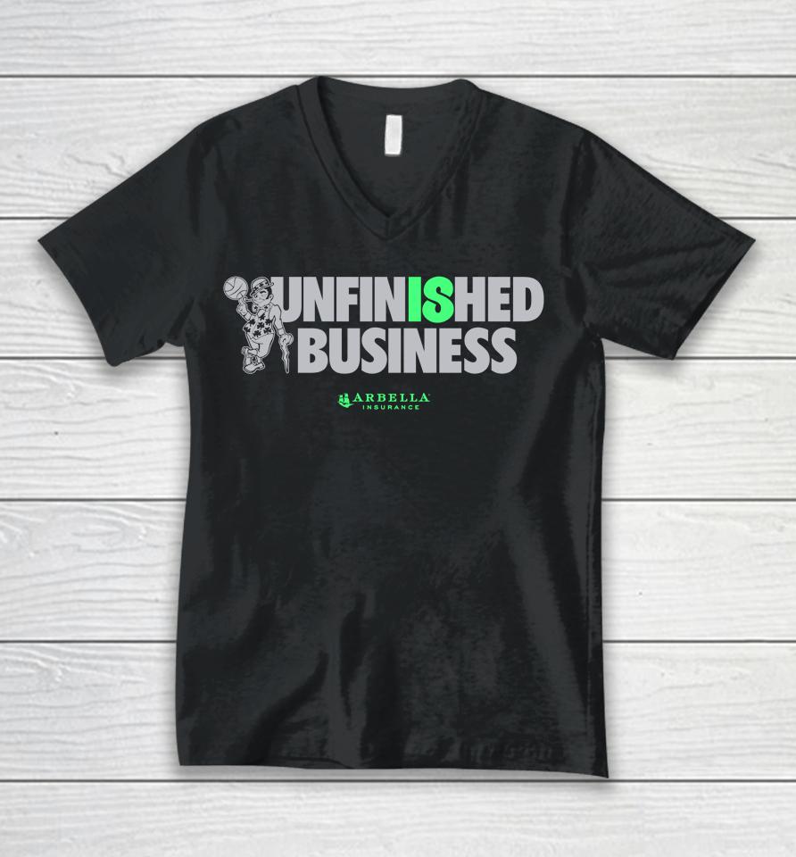 Boston Celtics Unfinished Business Arbella Insurance Unisex V-Neck T-Shirt