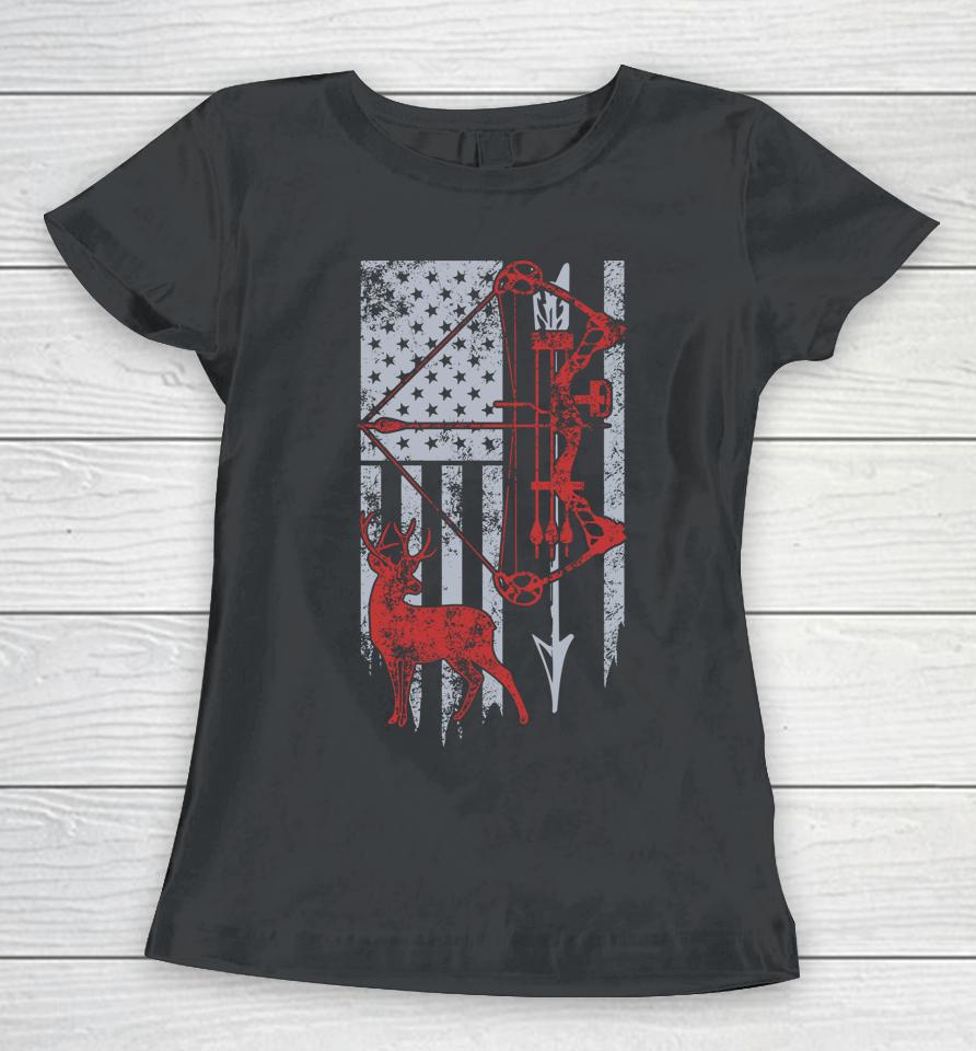 Bow Hunting Deer Usa Flag Women T-Shirt