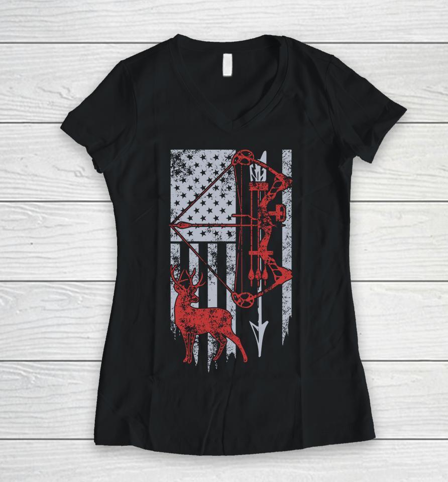Bow Hunting Deer Usa Flag Women V-Neck T-Shirt
