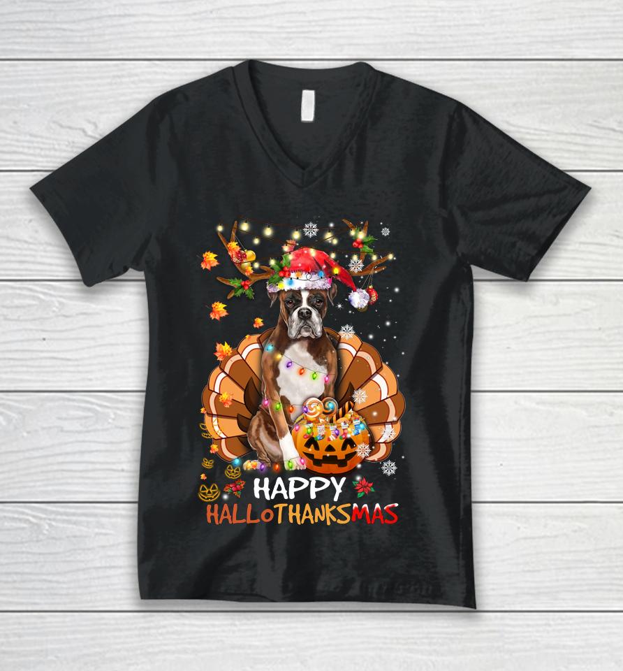 Boxer Dog Happy Hallothanksmas Halloween Thanksgiving Xmas Unisex V-Neck T-Shirt