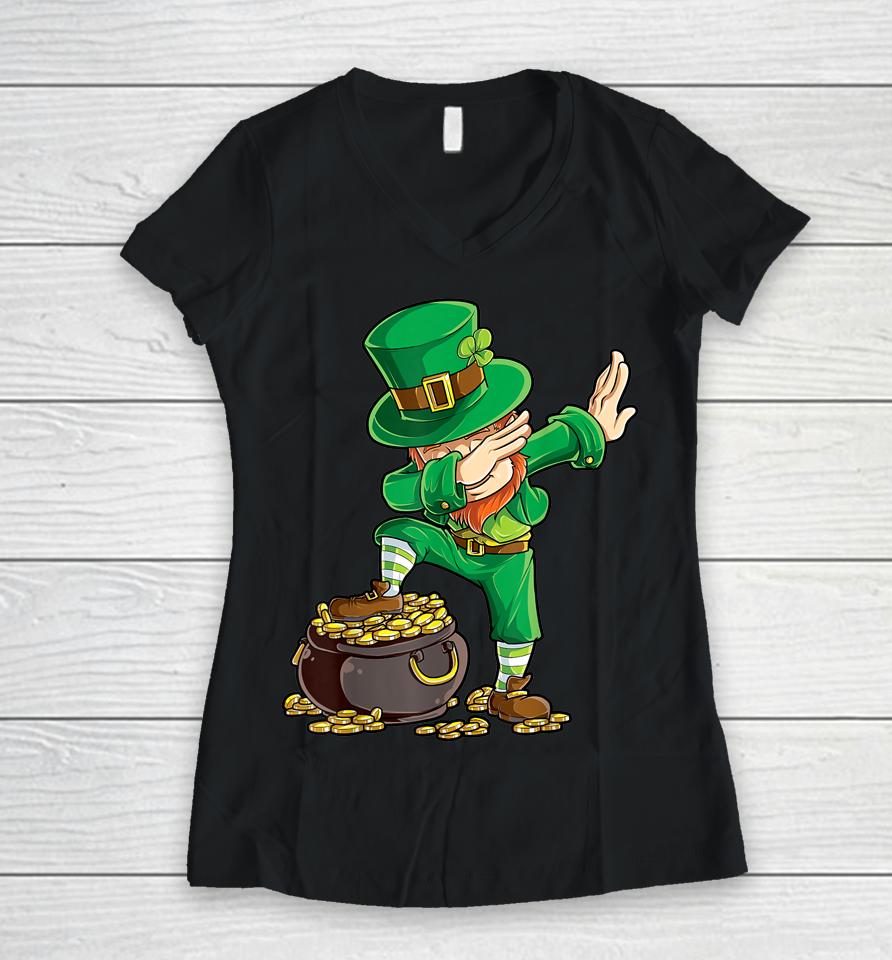 Boys St Patrick's Day Dabbing Leprechaun Women V-Neck T-Shirt