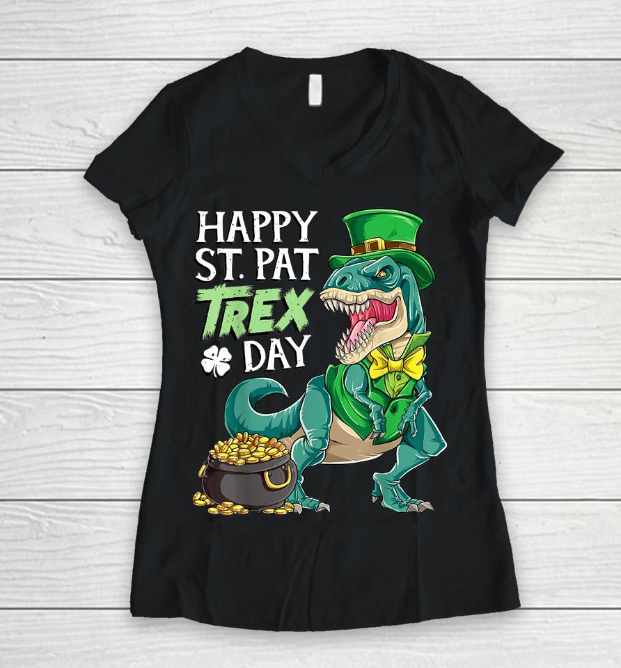 Boys St Patricks Day Kids Dinosaur Happy Pat T-Rex Women V-Neck T-Shirt