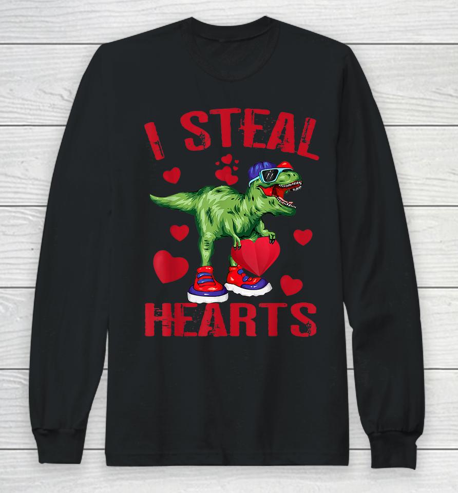 Boys Valentines Day Kids Dinosaur T Rex I Steal Hearts Long Sleeve T-Shirt