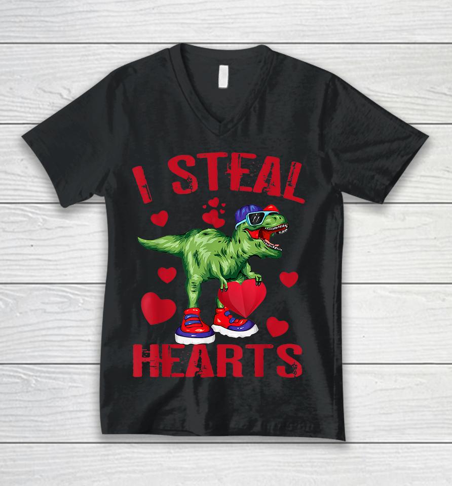 Boys Valentines Day Kids Dinosaur T Rex I Steal Hearts Unisex V-Neck T-Shirt
