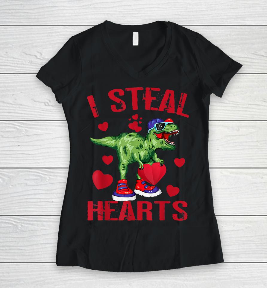 Boys Valentines Day Kids Dinosaur T Rex I Steal Hearts Women V-Neck T-Shirt