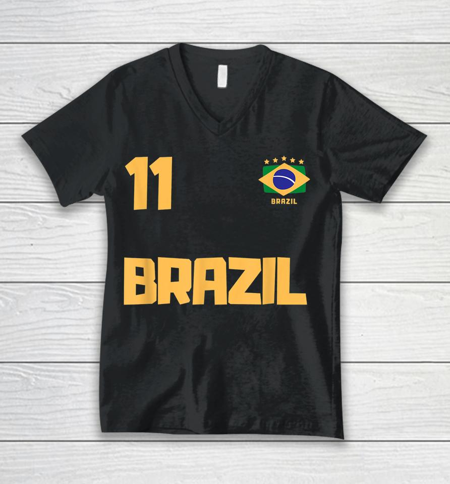 Brasil Brazil Soccer Jersey Football Number 11 Brazilian Flag Unisex V-Neck T-Shirt