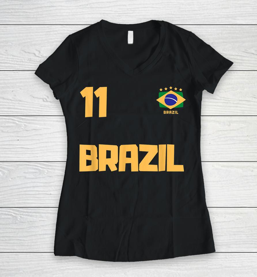 Brasil Brazil Soccer Jersey Football Number 11 Brazilian Flag Women V-Neck T-Shirt