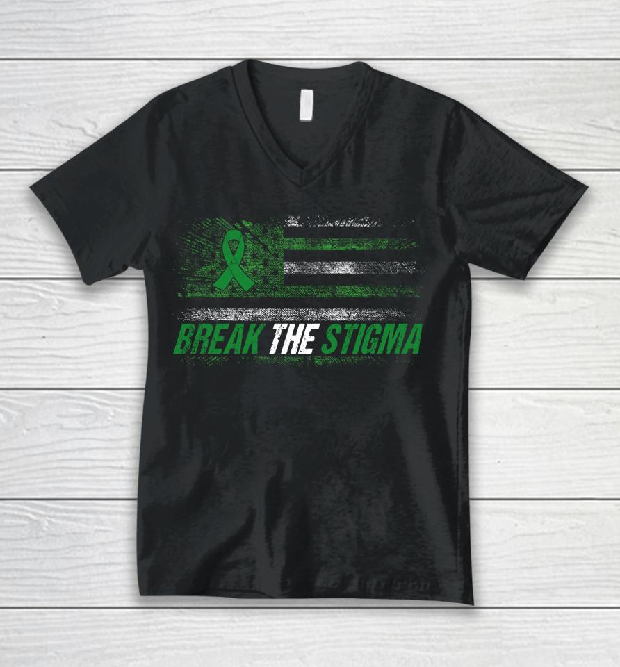 Break The Stigma Mental Health Awareness Month American Flag Unisex V-Neck T-Shirt