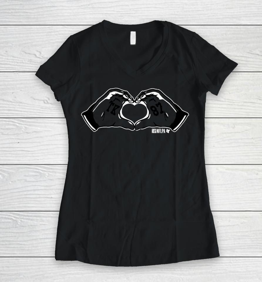 Breakingt Travis Kelce Heart Hands Women V-Neck T-Shirt