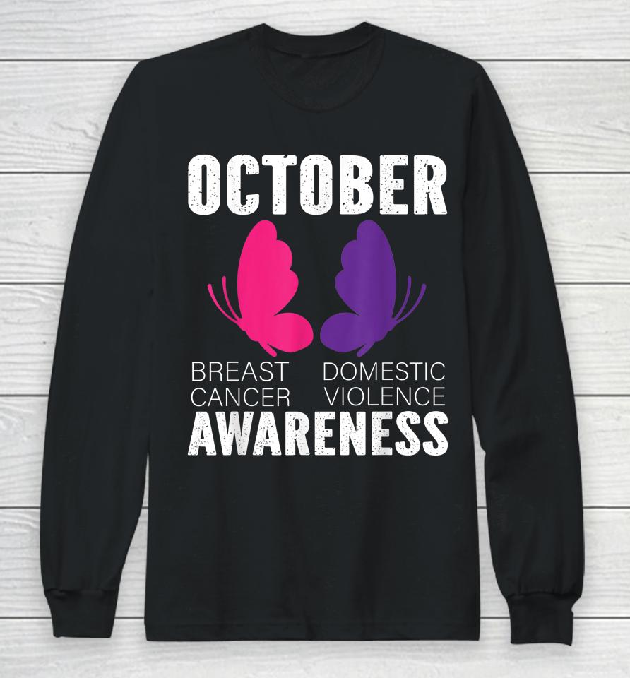 Breast Cancer And Domestic Violence Awareness Butterfly Long Sleeve T-Shirt
