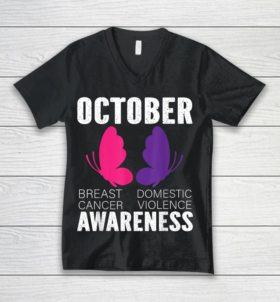 Breast Cancer And Domestic Violence Awareness Butterfly Unisex V-Neck T-Shirt