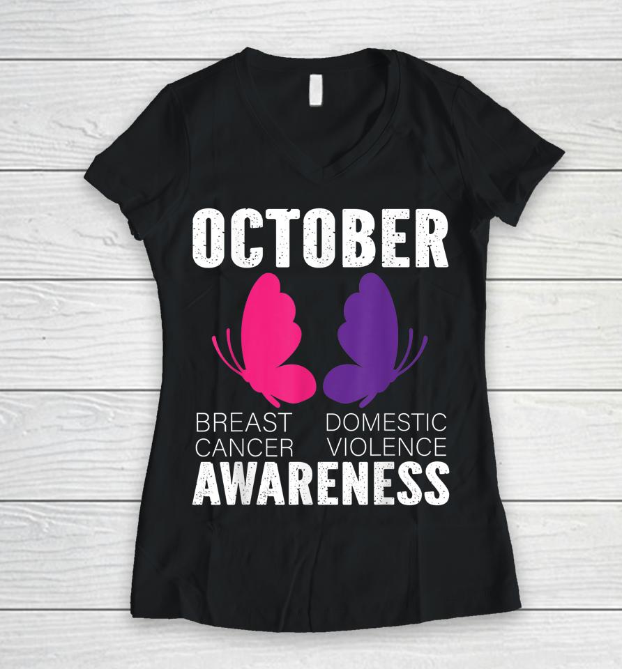 Breast Cancer And Domestic Violence Awareness Butterfly Women V-Neck T-Shirt