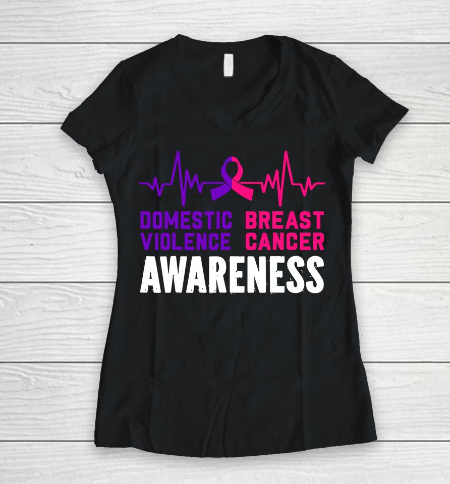 Breast Cancer And Domestic Violence Awareness Month Family Women V-Neck T-Shirt