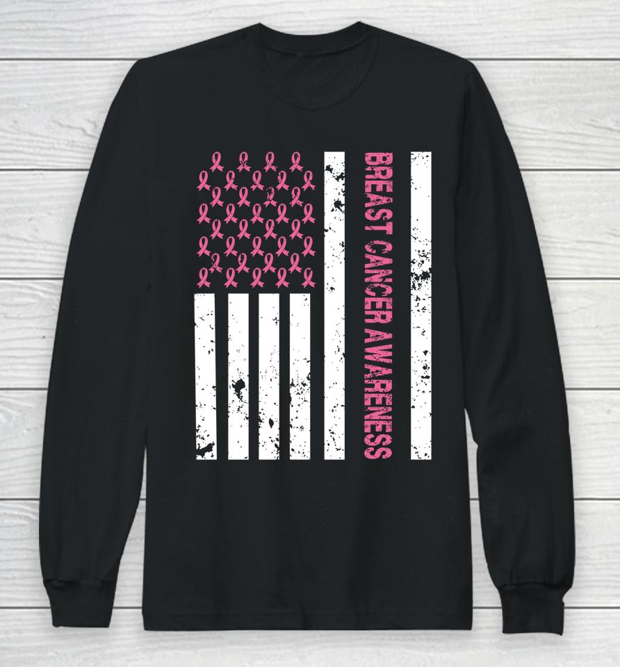 Breast Cancer Awareness American Flag Usa Vintage Long Sleeve T-Shirt