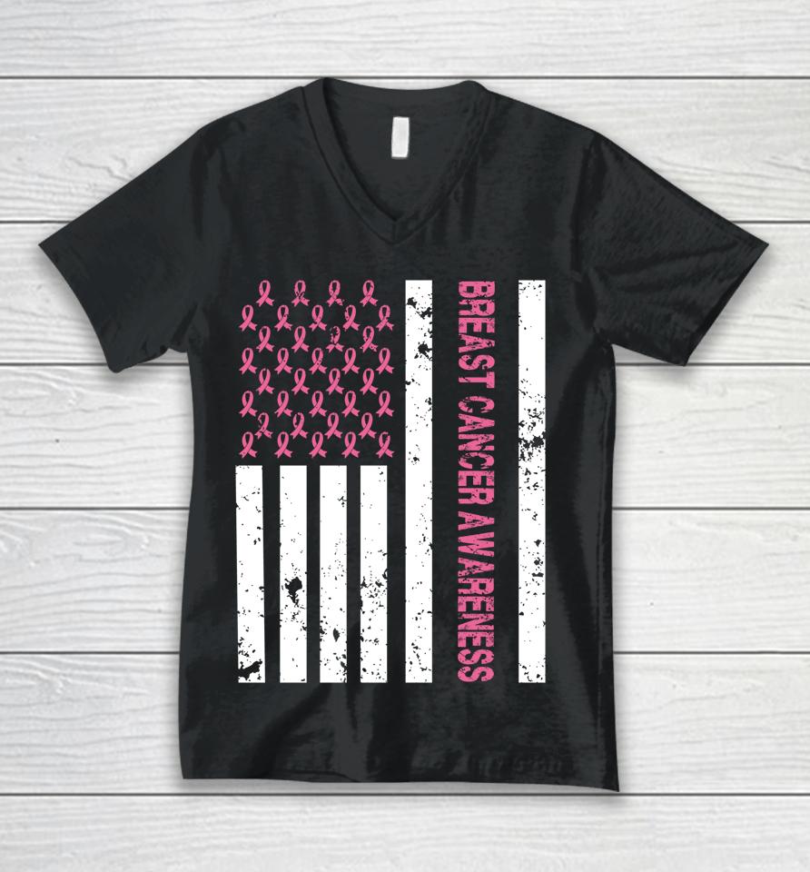Breast Cancer Awareness American Flag Usa Vintage Unisex V-Neck T-Shirt