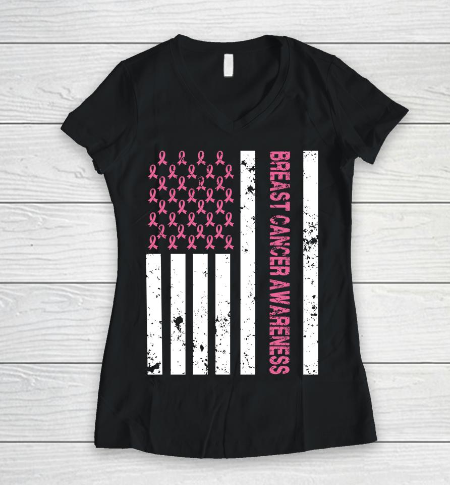 Breast Cancer Awareness American Flag Usa Vintage Women V-Neck T-Shirt