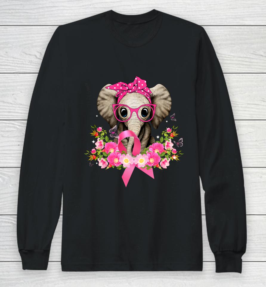 Breast Cancer Awareness Elephant Flowers Pink Ribbon Gift Long Sleeve T-Shirt