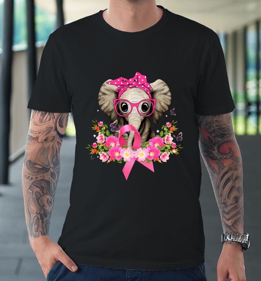 Breast Cancer Awareness Elephant Flowers Pink Ribbon Gift Premium T-Shirt