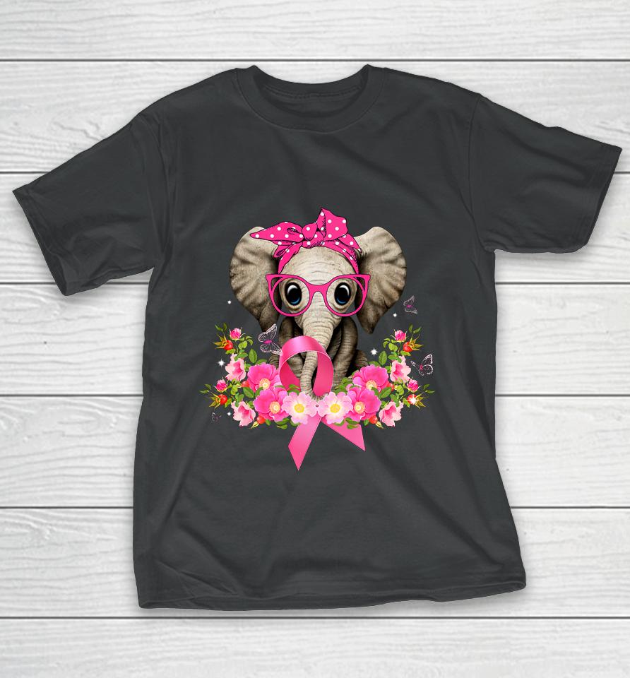 Breast Cancer Awareness Elephant Flowers Pink Ribbon Gift T-Shirt