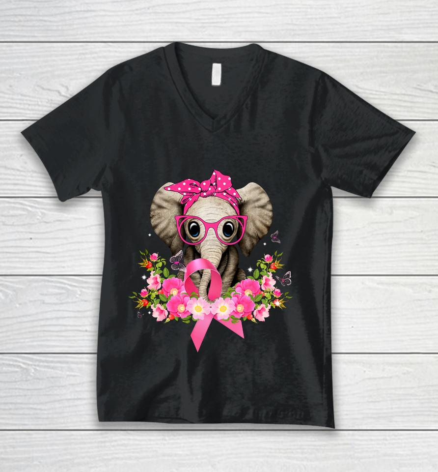 Breast Cancer Awareness Elephant Flowers Pink Ribbon Gift Unisex V-Neck T-Shirt