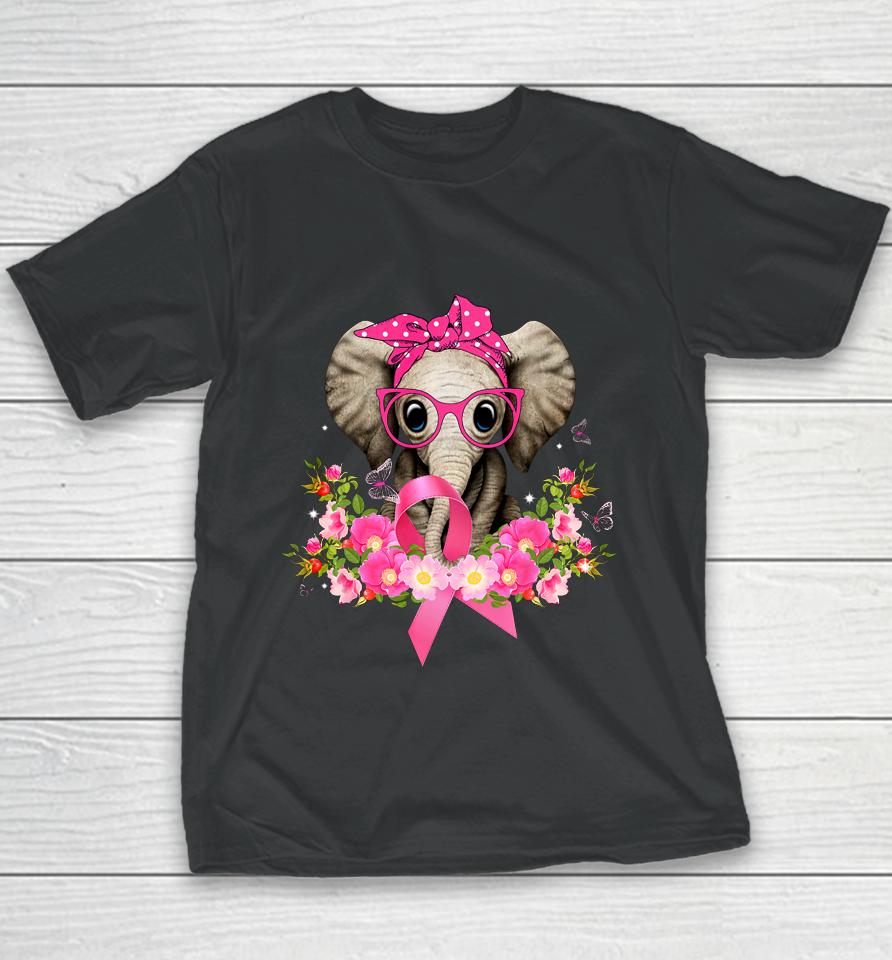 Breast Cancer Awareness Elephant Flowers Pink Ribbon Gift Youth T-Shirt