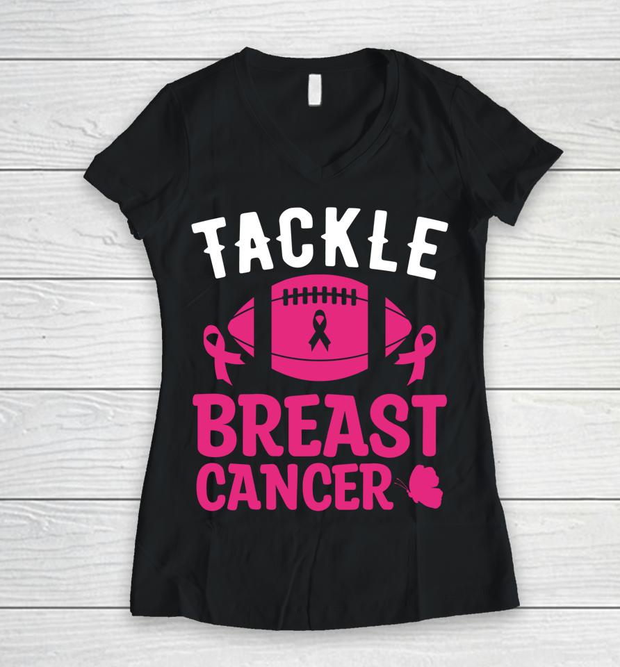 Breast Cancer Awareness Football Tackle Breast Cancer Women V-Neck T-Shirt