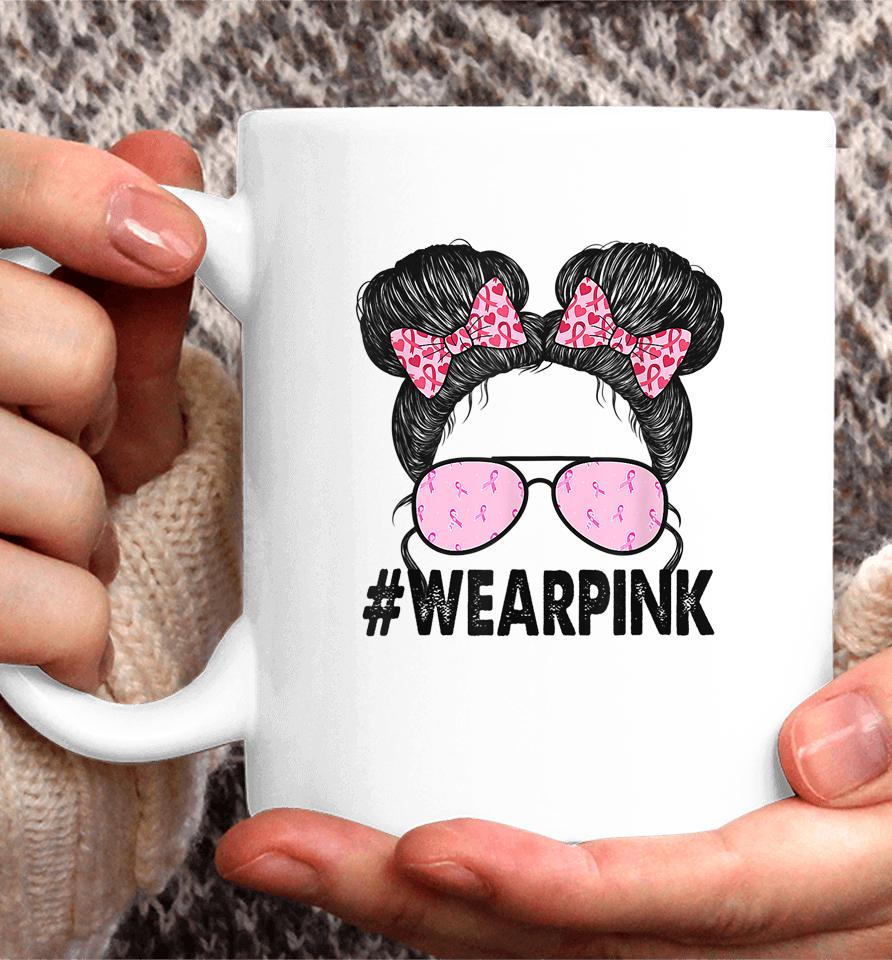 Breast Cancer Awareness Messy Bun Glasses Wear Pink Cute Coffee Mug