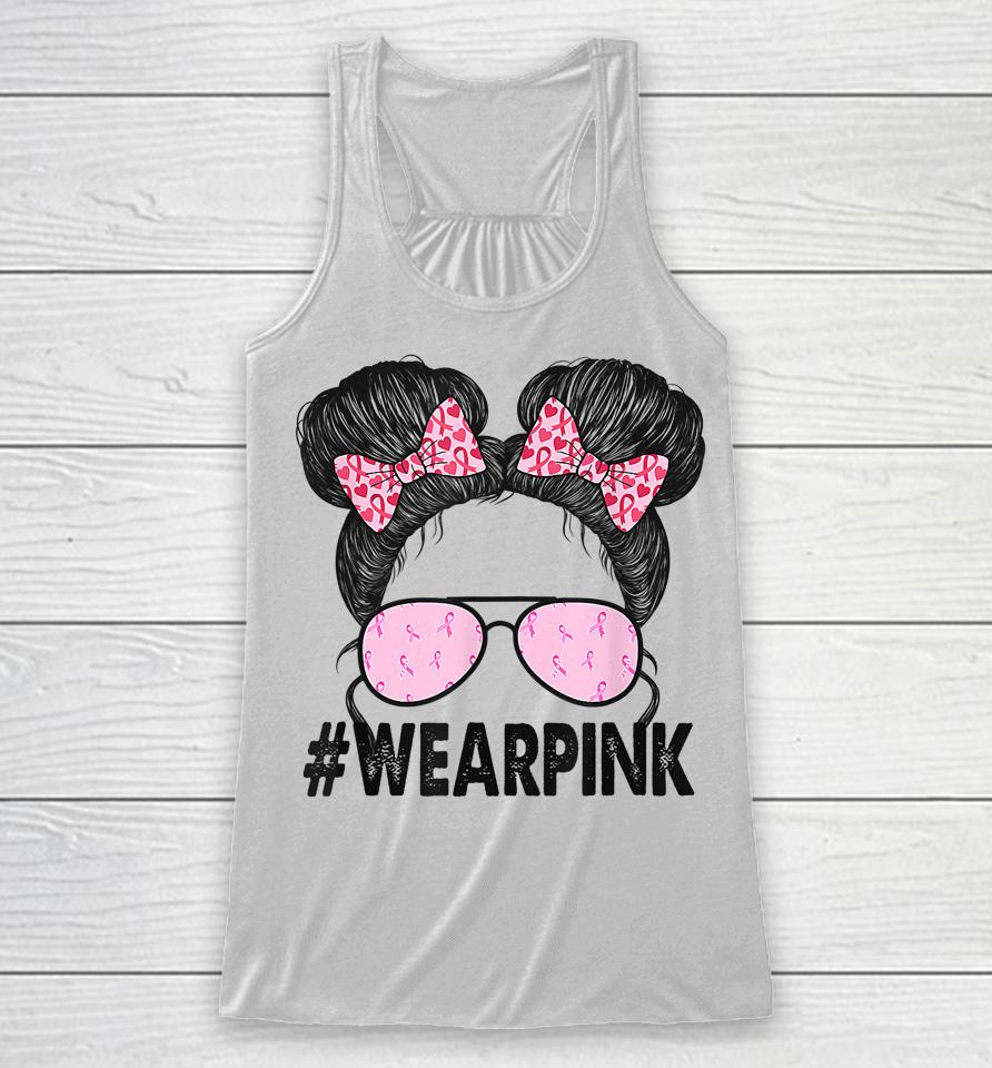 Breast Cancer Awareness Messy Bun Glasses Wear Pink Cute Racerback Tank