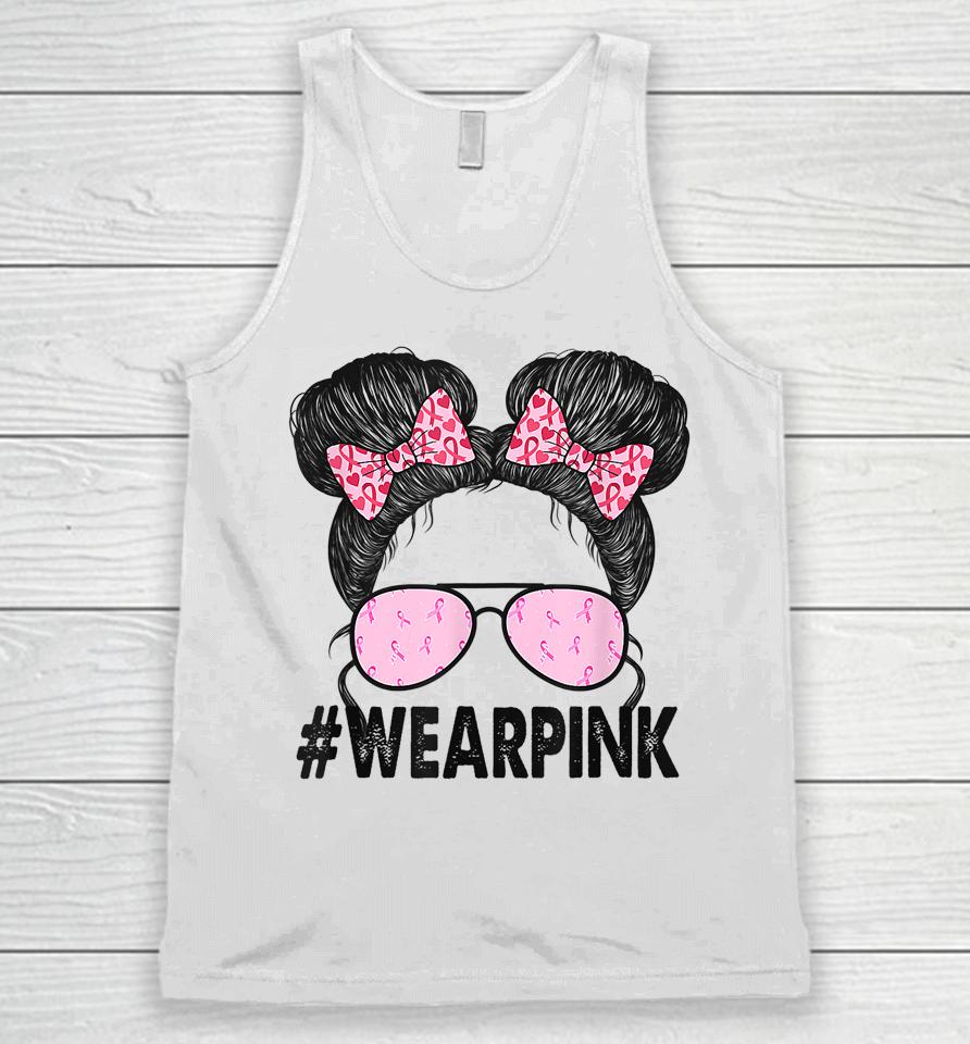 Breast Cancer Awareness Messy Bun Glasses Wear Pink Cute Unisex Tank Top