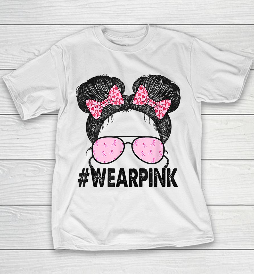 Breast Cancer Awareness Messy Bun Glasses Wear Pink Cute Youth T-Shirt