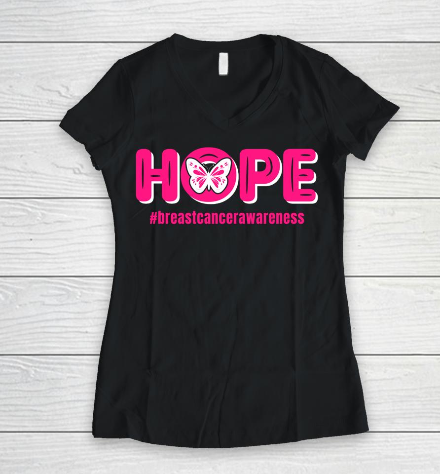 Breast Cancer Awareness Month Pink Butterfly Women V-Neck T-Shirt