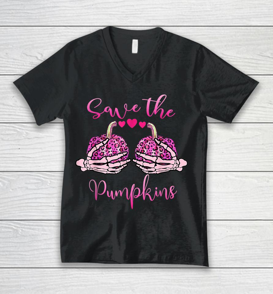 Breast Cancer Awareness Save Your Pumpkins Shirt Halloween Unisex V-Neck T-Shirt