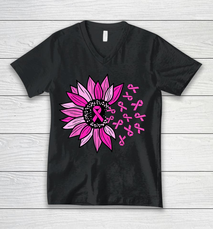Breast Cancer Awareness Sunflower Pink Ribbon Unisex V-Neck T-Shirt