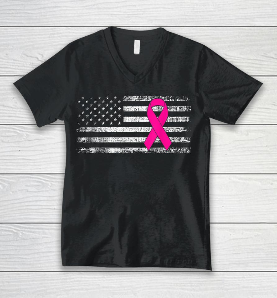 Breast Cancer Awareness Us Flag Unisex V-Neck T-Shirt