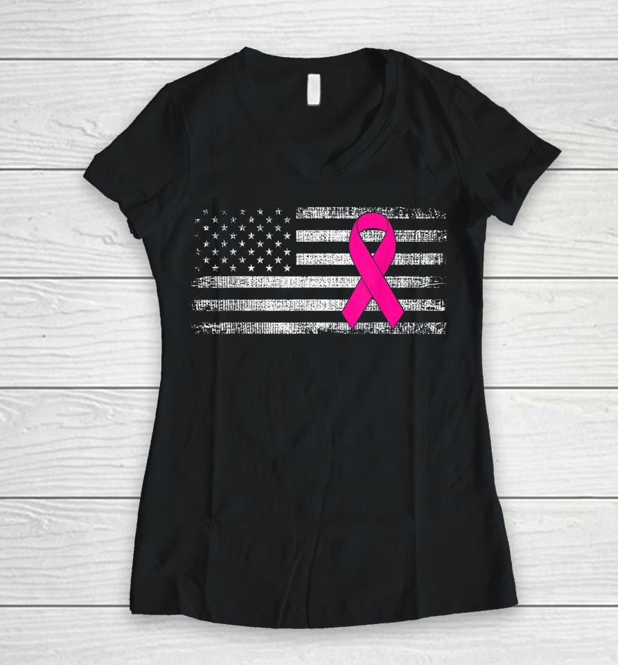 Breast Cancer Awareness Us Flag Women V-Neck T-Shirt
