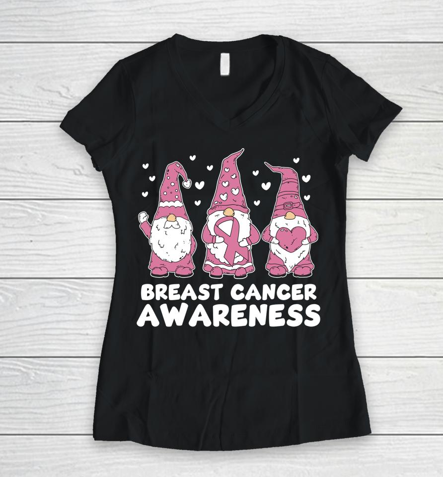 Breast Cancer Pink Support Squad Awareness Gnomes Women V-Neck T-Shirt