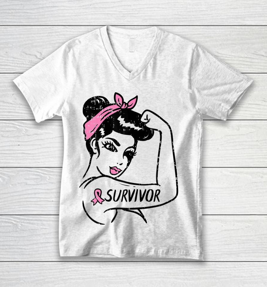 Breast Cancer Survivor Rosie Riveter Pink Awareness Women Unisex V-Neck T-Shirt