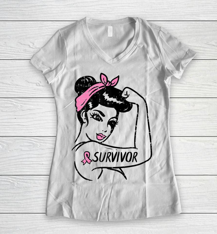 Breast Cancer Survivor Rosie Riveter Pink Awareness Women Women V-Neck T-Shirt