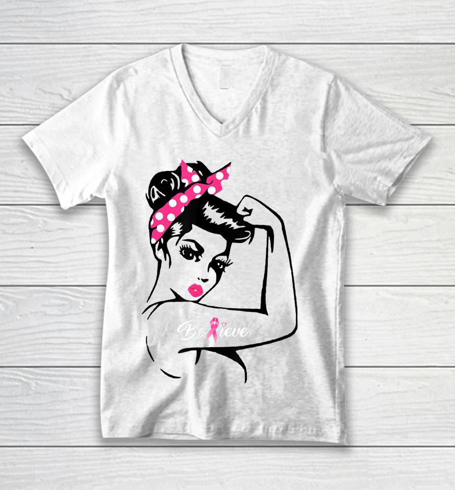 Breast Cancer Warrior T-Shirt Awareness Tee Support Believe Unisex V-Neck T-Shirt