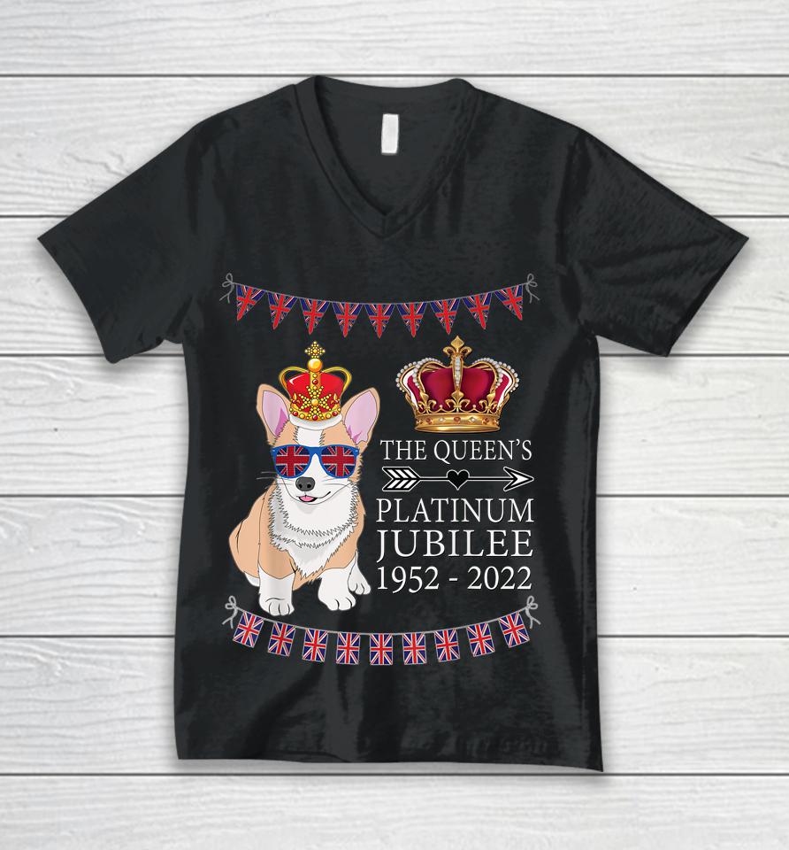 British Queen Platinum Jubilee Souvenir Union Jack Corgi Unisex V-Neck T-Shirt