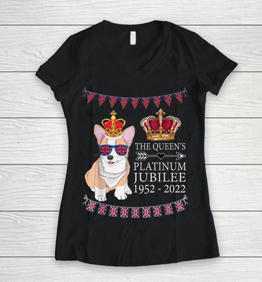 British Queen Platinum Jubilee Souvenir Union Jack Corgi Women V-Neck T-Shirt