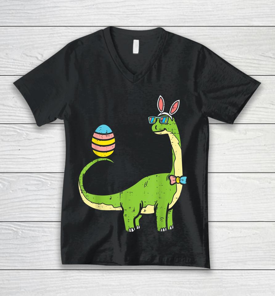 Brontosaurus Bunny Ears Egg Easter Day Dinosaur Dino Boys Easter Unisex V-Neck T-Shirt