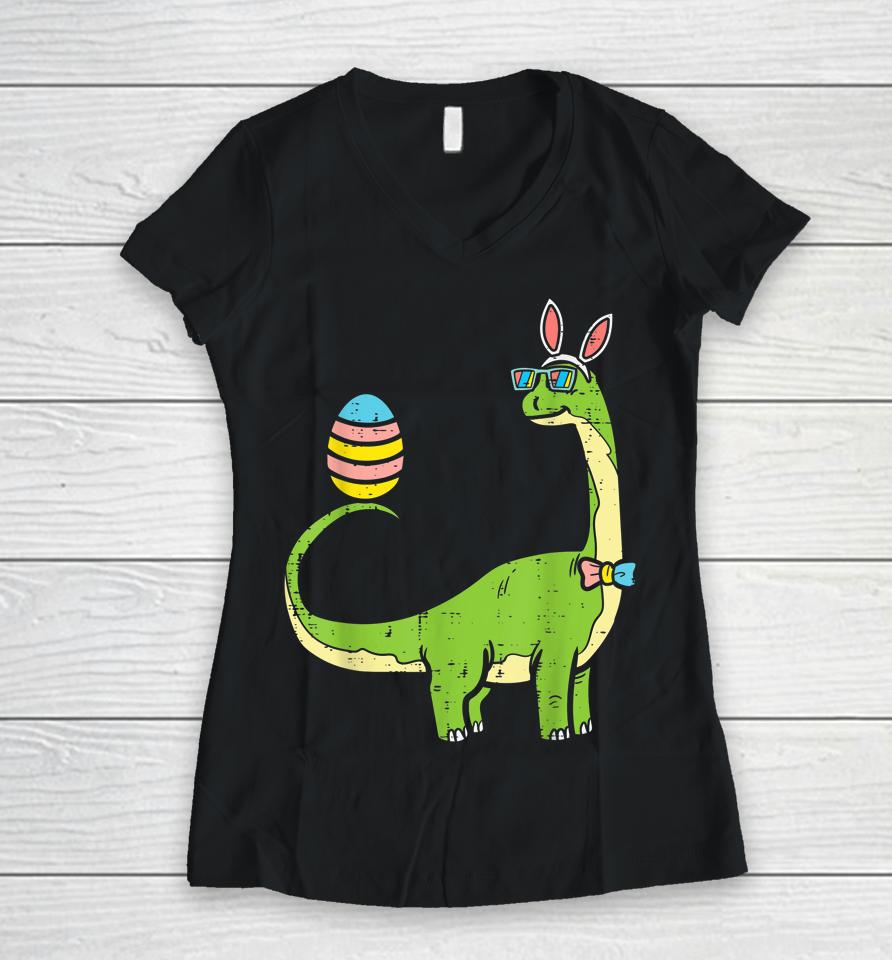 Brontosaurus Bunny Ears Egg Easter Day Dinosaur Dino Boys Easter Women V-Neck T-Shirt
