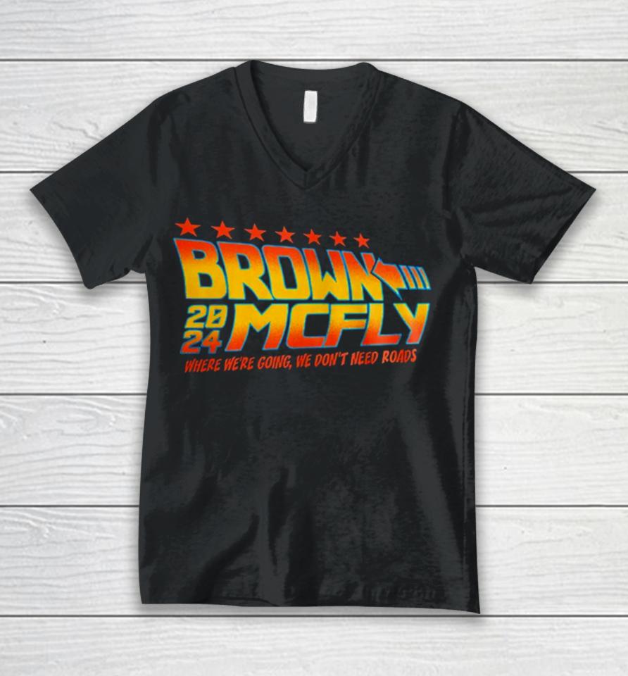 Brown Mcfly 2024 Where We’re Going We Don’t Need Roads Unisex V-Neck T-Shirt