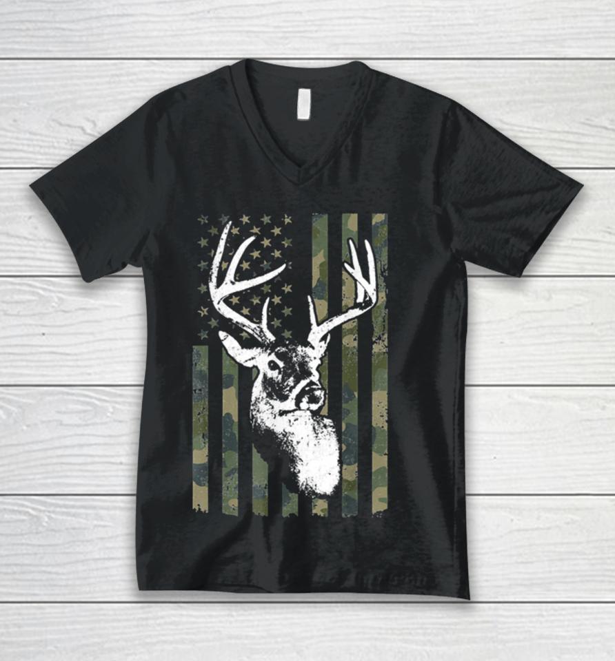 Buck Deer Hunting American Camouflage Usa Flag Unisex V-Neck T-Shirt