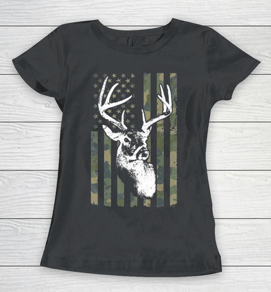 Buck Deer Hunting American Camouflage Usa Flag Women T-Shirt