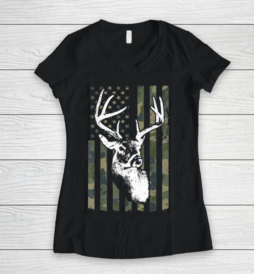 Buck Deer Hunting American Camouflage Usa Flag Women V-Neck T-Shirt